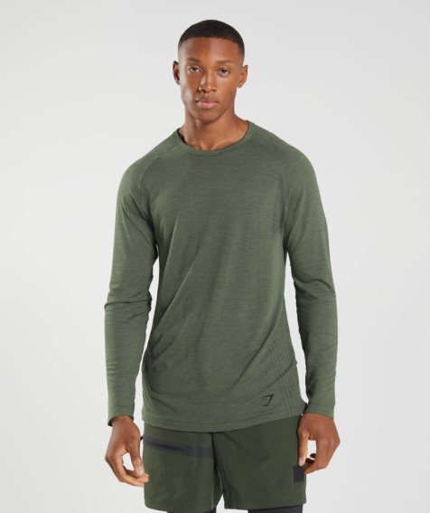 Men's Gymshark Retake Seamless Long Sleeve T-Shirts Olive | CA 8AD576